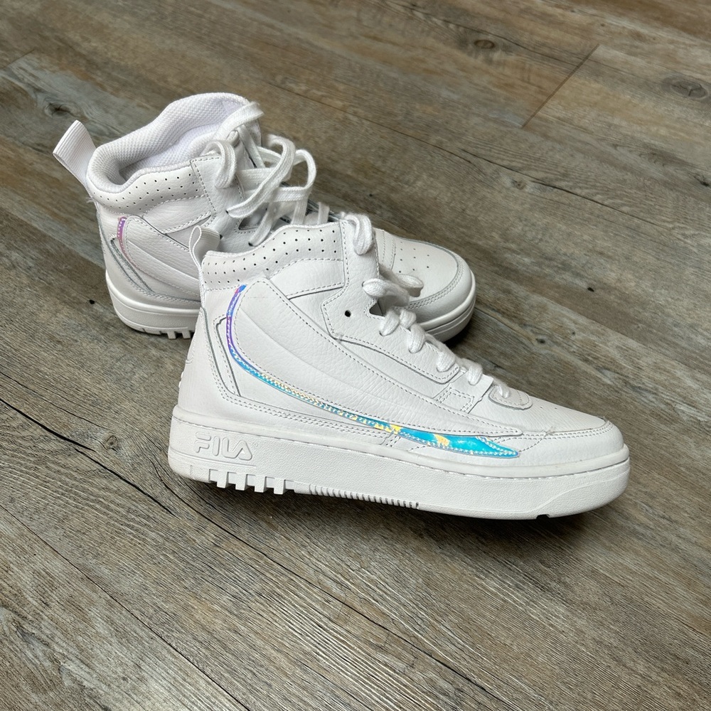 FILA high tops authentic leather/ iridescent stripes, brand new, no box